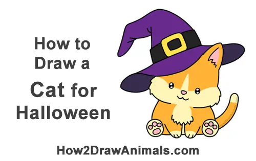 How to Draw Cute Cartoon Cat Kitten Witch Hat Halloween