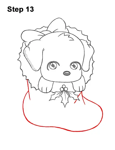 How to Draw a Cute Cartoon Puppy Dog Christmas Stocking Chibi Kawaii 13